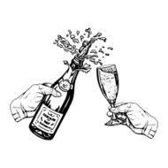 bottle of champagne in hand and glass