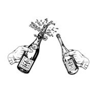 bottle of champagne and wine in hands