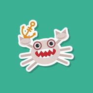 crab holds the anchor of marine ship on blue background