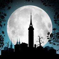 Full Moon Vector Illustration with Town Silhouette N2