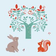 Cute animals and fantasy tree