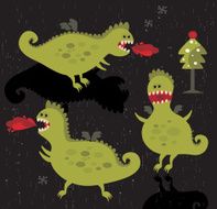 Dragons with fire and christmas tree in cartoon style