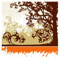 Silhouette of tree on grunge background and calligraphy flowers ornament