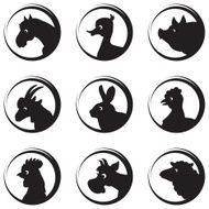 Farm animals and birds silhouette icon set