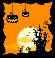 Scary Halloween background with castle trees and pumpkins