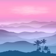 Background with palm tree and mountains in the fog