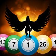 Bingo balls and lucky angel on star burst gold background