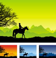 Horse riding silhouette with country landscape