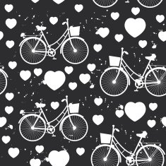 seamless pattern white bike and heart on black background Vector