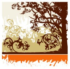 Silhouette of tree on grunge background and calligraphy flowers ornament