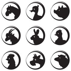 Farm animals and birds silhouette icon set