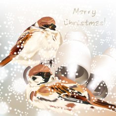 Christmas greeting card with snow and birds in watercolor style N2