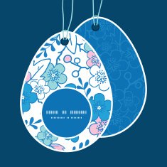 Vector blue and pink kimono blossoms Easter egg shaped tags N2