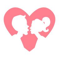 Silhouette of kissing couple in light pink heart