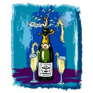 bottle of champagne and glass on a vintage background