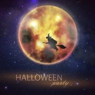 Halloween vector illustration with full moon and witch on the