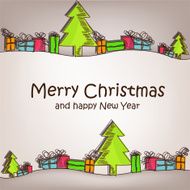 Christmas card with colorful christmas trees and gifts