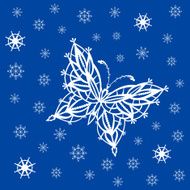 Ornamented abstract lace snowflake butterfly and simple snowflakes