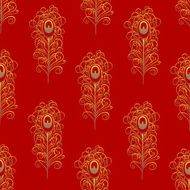 Seamless background of red with gold peacock feathers