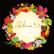 beautiful colorful autumn wreath which consists of leaves mushrooms