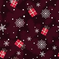 Christmas pattern made of fir branches gifts and snowflakes