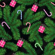 Christmas pattern made of fir limbs gifts and candies