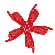 Five pointing hands abstract symbol with pentagonal star