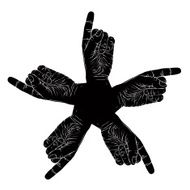 Five pointing hands abstract symbol black and white emblem