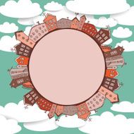 Collection of houses vintage on sky background Retro card circle N2