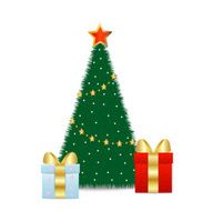 two boxes with gifts stand near fir-tree