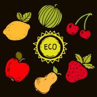 Colorful fruits and berries silhouettes set