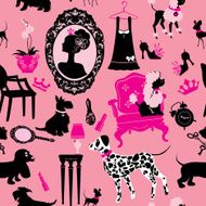 Seamless pattern with glamour accessories furniture girl portrait and dogs N2