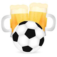 two mugs of beer and a soccer ball