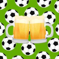 two mugs of beer on background soccer balls