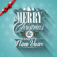 Christmas illustration with typographic design and ribbon on snowflakes background