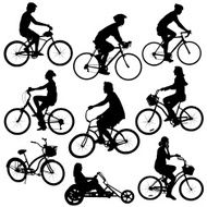 Set of nine black silhouettes various cyclists