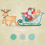 Jolly Santa Claus in sleigh with a sacks of gift