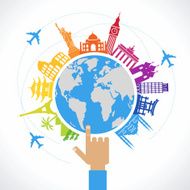 Hand shows world map surrounded by icons travel and landmarks N2