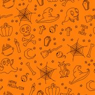 Happy Halloween Seamless pattern with pumpkins skulls spider&#039;s web ghosts N2