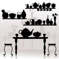 shelves in the kitchen cookware