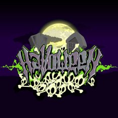 Halloween text with graves and skulls in moonlight