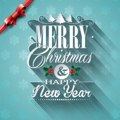 Christmas illustration with typographic design and ribbon on snowflakes background