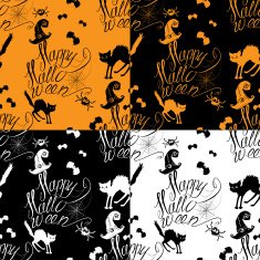 Halloween seamless pattern with black cat bats spider web
