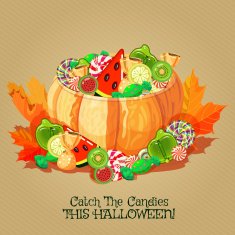Halloween poster with cupcakes pumpkin and candies