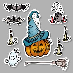 Vector Set of Stickers with Ornate Halloween Decorations