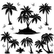 Tropical island palms and butterflies silhouettes