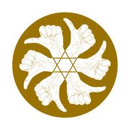 Six thumb up hand signs in round abstract symbol