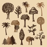 Hand-drawn vintage style trees set N2
