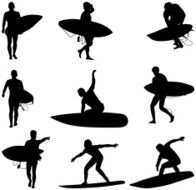 Surfer people surfing and carrying surfboards
