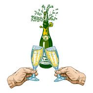 bottle of champagne and glasses in hands